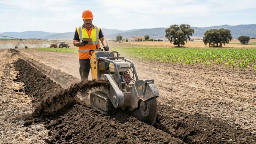 Zanjadora abriendo zanjas en tierra con trabajador controlando