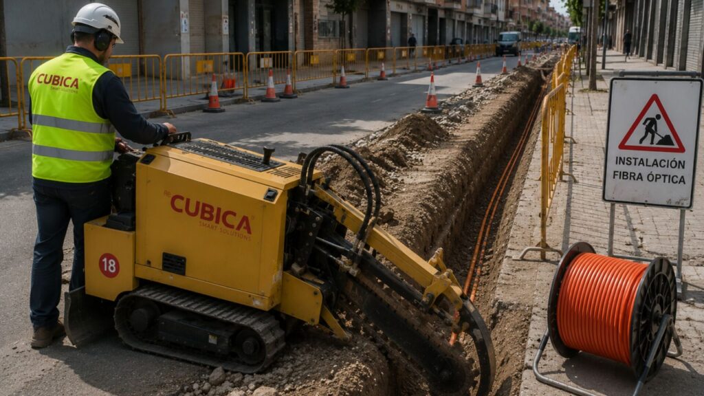 maquina para hacer zanjas​ en la calle instalando fibra óptica