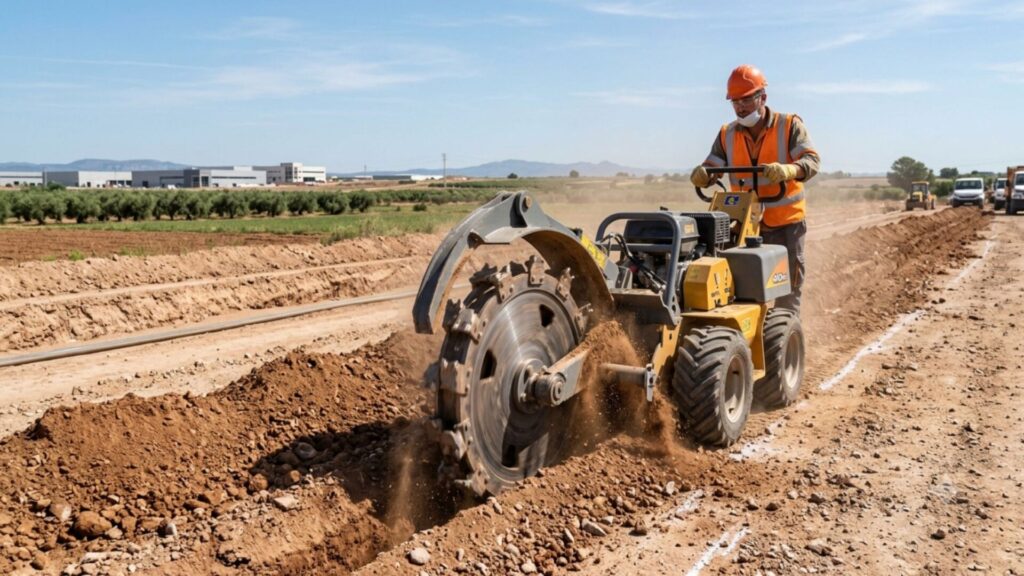 máquina zanjadora trabajando en tierra