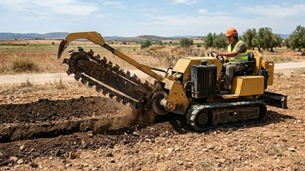 Zanjadora de tierra haciendo zanjas en terreno destapado