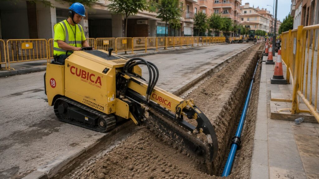 Zanjadora para obra civil trabajando en la calle
