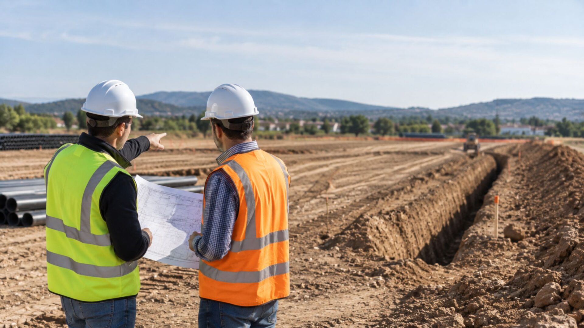 trabajadores planificando el trabajo de zanjado en una obra